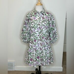 Saule Parc Floral Button-Front Puff Sleeve Dress in White and Lavender Size S
